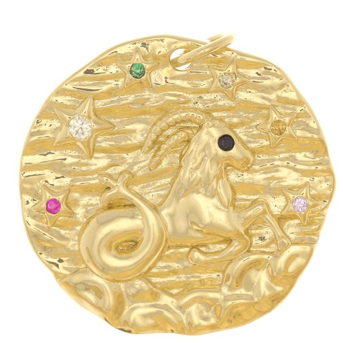 Pendentif rond irrégulier 22 mm avec oxydes de Zirconium - signe du zodiaque Capricorne - Doré