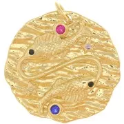 Pendentif rond irrégulier 22 mm avec oxydes de Zirconium - signe du zodiaque Poisson - Doré x1