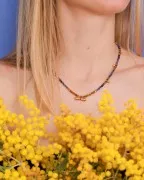 Pendentif tube ethnique 9x19.5 mm avec cabochon en verre - Rhodié - Noir x1