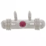 Pendentif tube ethnique 9x19.5 mm avec cabochon en verre - Rhodié - Rouge x1