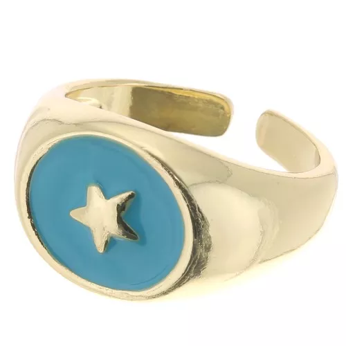 Bague chevalière motif étoile avec résine époxy - Taille 54 - Doré - Turquoise x1