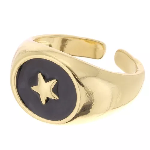 Bague chevalière - motif étoile avec résine époxy - Taille 54 - Doré - Noir x1