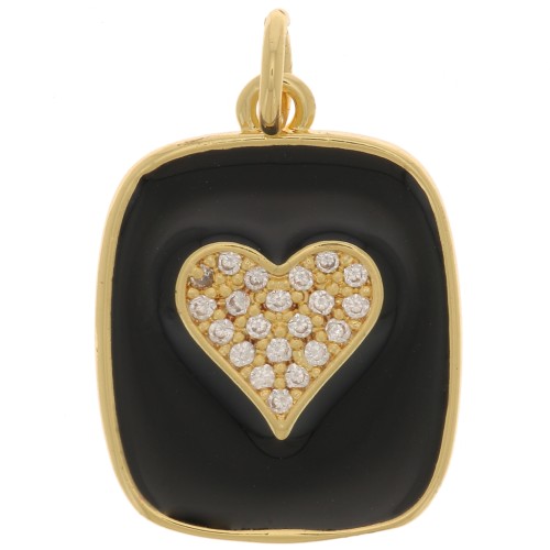 Pendentif rectangle motif coeur en oxydes de Zirconium et résine époxy 19x15 mm - Doré - Noir