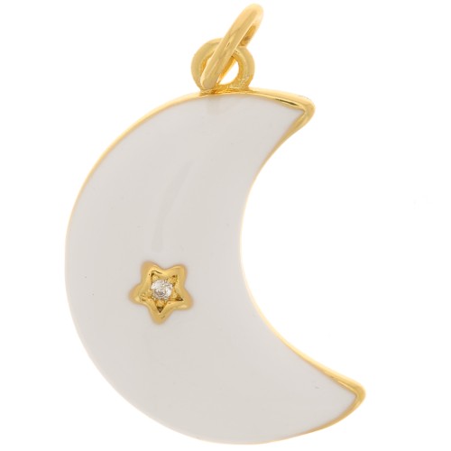 Pendentif lune motif étoile avec Oxyde de Zirconium et résine époxy 21x14 mm - Doré - Blanc x1