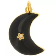 Pendentif lune motif étoile avec Oxyde de Zirconium et résine époxy 21x14 mm - Doré - Noir x1