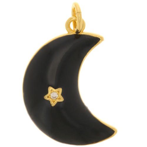 Pendentif lune motif étoile avec Oxyde de Zirconium et résine époxy 21x14 mm - Doré - Noir x1