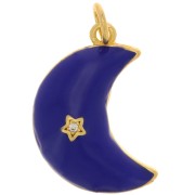 Pendentif lune motif étoile avec Oxyde de Zirconium & résine époxy 21x14mm - Doré - Bleu foncé