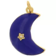 Pendentif lune motif étoile avec Oxyde de Zirconium & résine époxy 21x14mm - Doré - Bleu foncé
