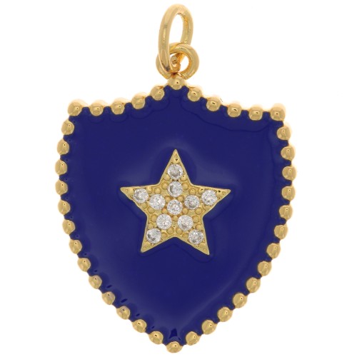 Pendentif bouclier motif étoile avec oxydes de Zirconium & résine 23x18 mm - Doré - Bleu foncé