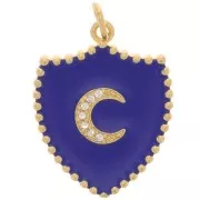 Pendentif bouclier motif lune avec oxydes de Zirconium et résine 23x18 mm - Doré - Bleu foncé