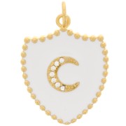 Pendentif bouclier motif lune avec oxydes de Zirconium et résine époxy 23x18 mm - Doré - Blanc|raw }}