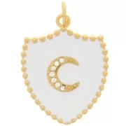 Pendentif bouclier motif lune avec oxydes de Zirconium et résine époxy 23x18 mm - Doré - Blanc