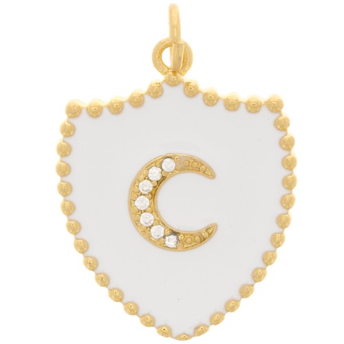 Pendentif bouclier motif lune avec oxydes de Zirconium et résine époxy 23x18 mm - Doré - Blanc