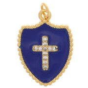 Pendentif bouclier motif croix avec oxydes de Zirconium et résine 19x14 mm - Doré - Bleu foncé
