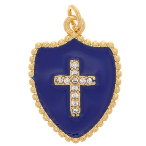 Pendentif bouclier motif croix avec oxydes de Zirconium et résine 19x14 mm - Doré - Bleu foncé