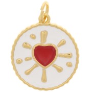 Pendentif rond motif coeur en résine époxy 16 mm - Doré - Blanc - Rouge x1