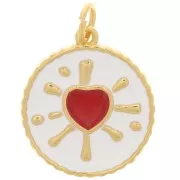 Pendentif rond motif coeur en résine époxy 16 mm - Doré - Blanc - Rouge x1