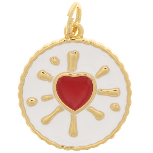 Pendentif rond motif coeur en résine époxy 16 mm - Doré - Blanc - Rouge x1