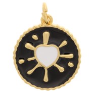 Pendentif rond motif coeur en résine époxy 16 mm - Doré - Noir - Blanc x1