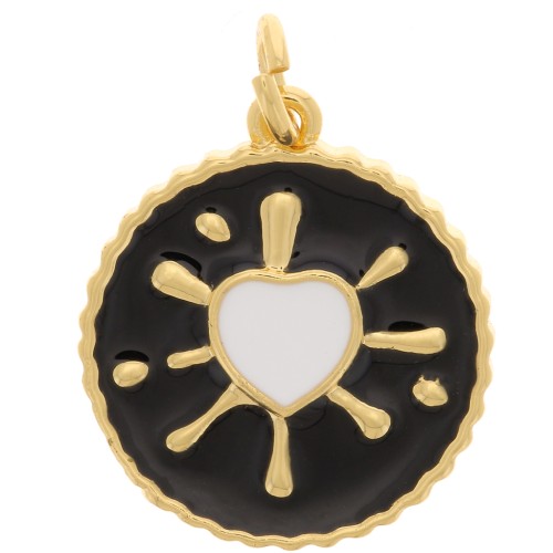 Pendentif rond motif coeur en résine époxy 16 mm - Doré - Noir - Blanc x1