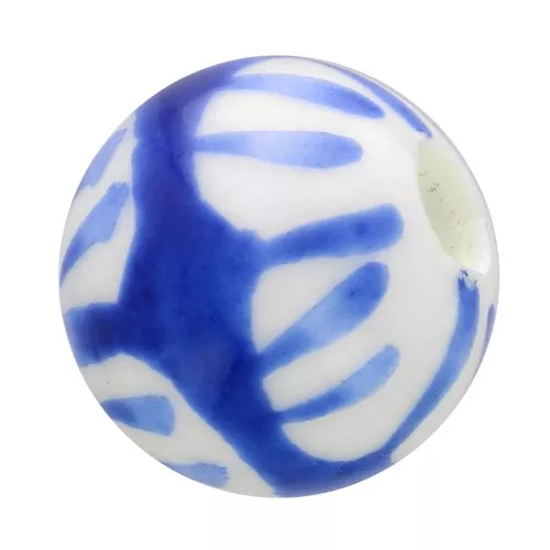 Perles rondes en céramique 10 mm - motif graphique - Blanc - Bleu x4
