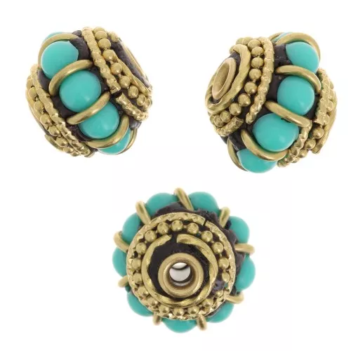 Perle rondelle Indonésienne ethnique 11x13 mm - Turquoise - Doré x1