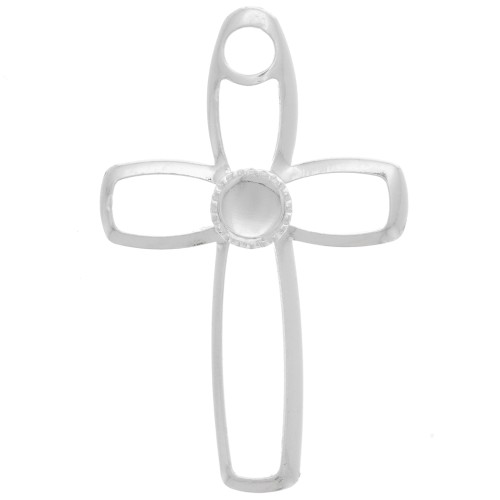 Pendentif croix évidé 30x19 mm pour cabochon fond plat 4 mm - Placage Argent fin x1