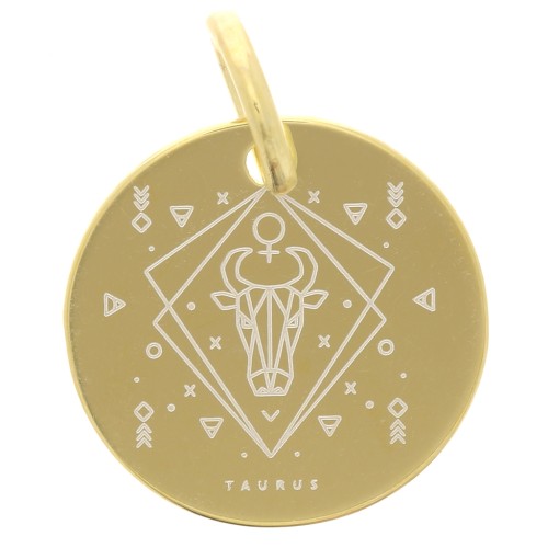 Breloque ronde 13.5 mm - signe astrologique Taureau - Argent 925 Doré x1