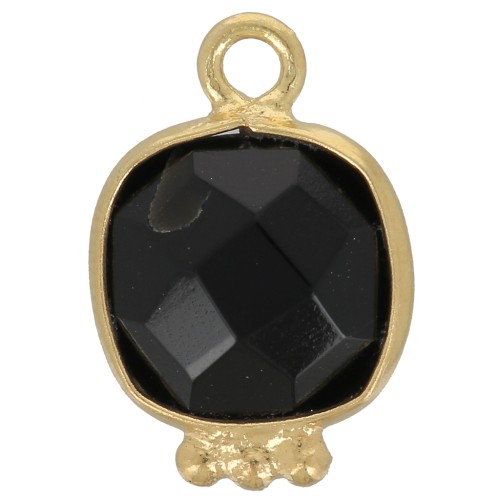 Breloque carrée 14x9mm en pierre gemme facettée - Doré à l'or fin - Onyx noir x1