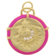 Pendentif rond motif lune avec résine époxy et oxydes de Zirconium 18 mm - Doré - Rose fluo x1|raw }}