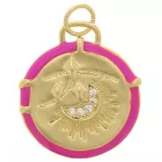 Pendentif rond motif lune avec résine époxy et oxydes de Zirconium 18 mm - Doré - Rose fluo x1
