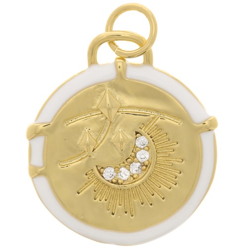 Pendentif rond motif lune avec résine époxy et oxydes de Zirconium 18 mm - Doré - Blanc x1