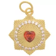Pendentif strié - motif coeur - avec oxydes de Zirconium 14 mm - Doré - Orange x1
