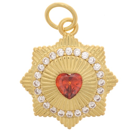 Pendentif strié - motif coeur - avec oxydes de Zirconium 14 mm - Doré - Orange x1