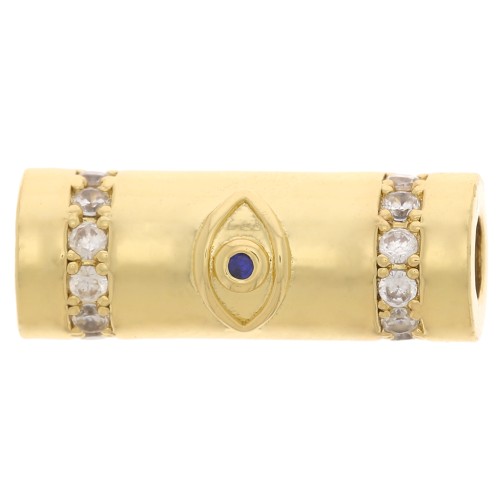 Perle tube avec oxydes de Zirconium 18x8 mm - motif oeil - Doré - Bleu - Crystal x1