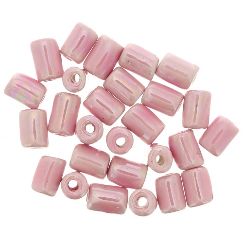 Perles tubes style Heishi céramique 7x5 mm - Rose clair irisé x5