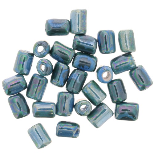 Perles tubes style Heishi en céramique 7x5 mm - Bleu marbré irisé x5