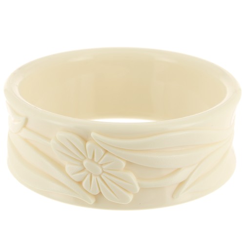 Bracelet jonc épais en résine opaque 65.5 mm - motif fleurs - Ecru x1