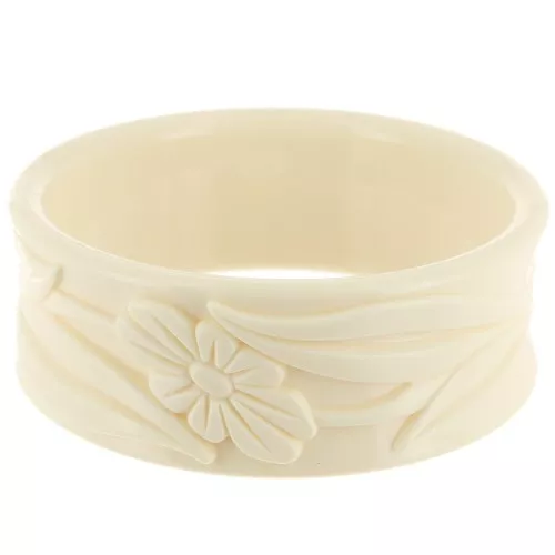 Bracelet jonc épais en résine opaque 65.5 mm - motif fleurs - Ecru x1