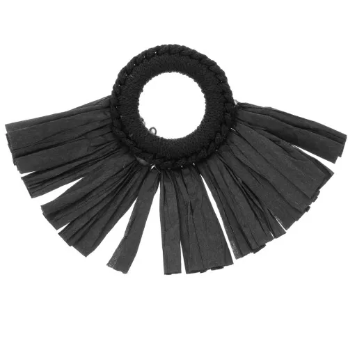 Pendentif éventail avec pompons en raphia 45.5x66 mm - Noir x1