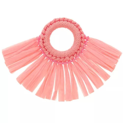 Pendentif éventail avec pompons en raphia 45.5x66 mm - Rose clair x1