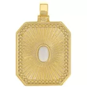 Pendentif plaque texturé 32x20 mm avec cabochon imitation Opale - Blanc - Doré x1