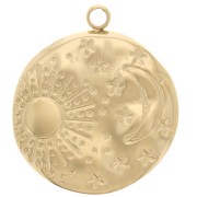 Pendentif rond martelé 15.5 mm - motif lune & soleil - Acier inox 304L Doré x1