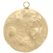 Pendentif rond martelé 15.5 mm - motif lune & soleil - Acier inox 304L Doré x1