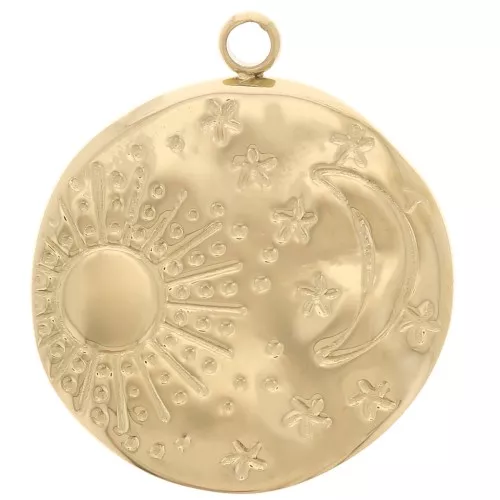 Pendentif rond martelé 15.5 mm - motif lune & soleil - Acier inox 304L Doré x1