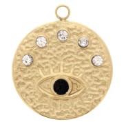 Pendentif rond 15.5 mm motif oeil - Oxydes de Zirconium  - Acier inox 304L Doré x1|raw }}