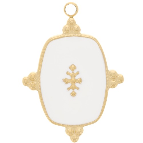 Pendentif rectangle 23x17 mm avec résine - Acier inoxydable 316L Doré - Blanc
