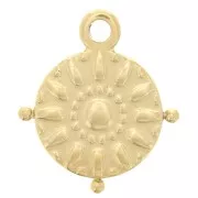 Breloque ronde 16 mm et petites boules - motif soleil - Acier inox 304 Doré x1