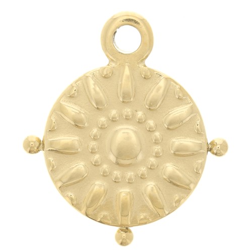 Breloque ronde 16 mm et petites boules - motif soleil - Acier inox 304 Doré x1