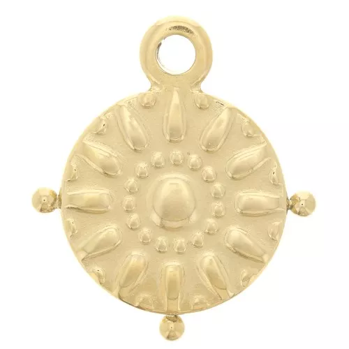 Breloque ronde 16 mm et petites boules - motif soleil - Acier inox 304 Doré x1